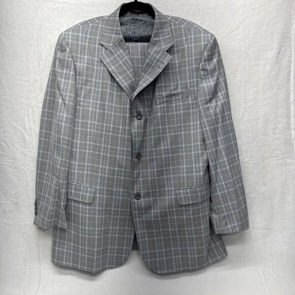 Men's Formal Gray/Grey Plaid 3 Piece Suit Suspender Buttons Cuff Hem 40R 34W - Picture 1 of 16
